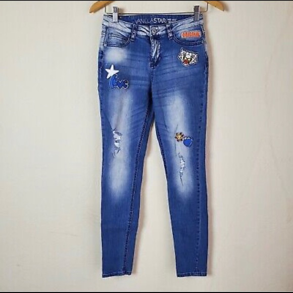 Vanilla Star Denim - Vanilla Star Blue Mid-Rise Skinny Patch Jeans Juniors 11 Y2K Distressed